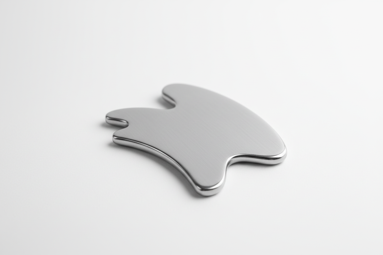 Stainless steel IASTM muscle scraping tool on white surface