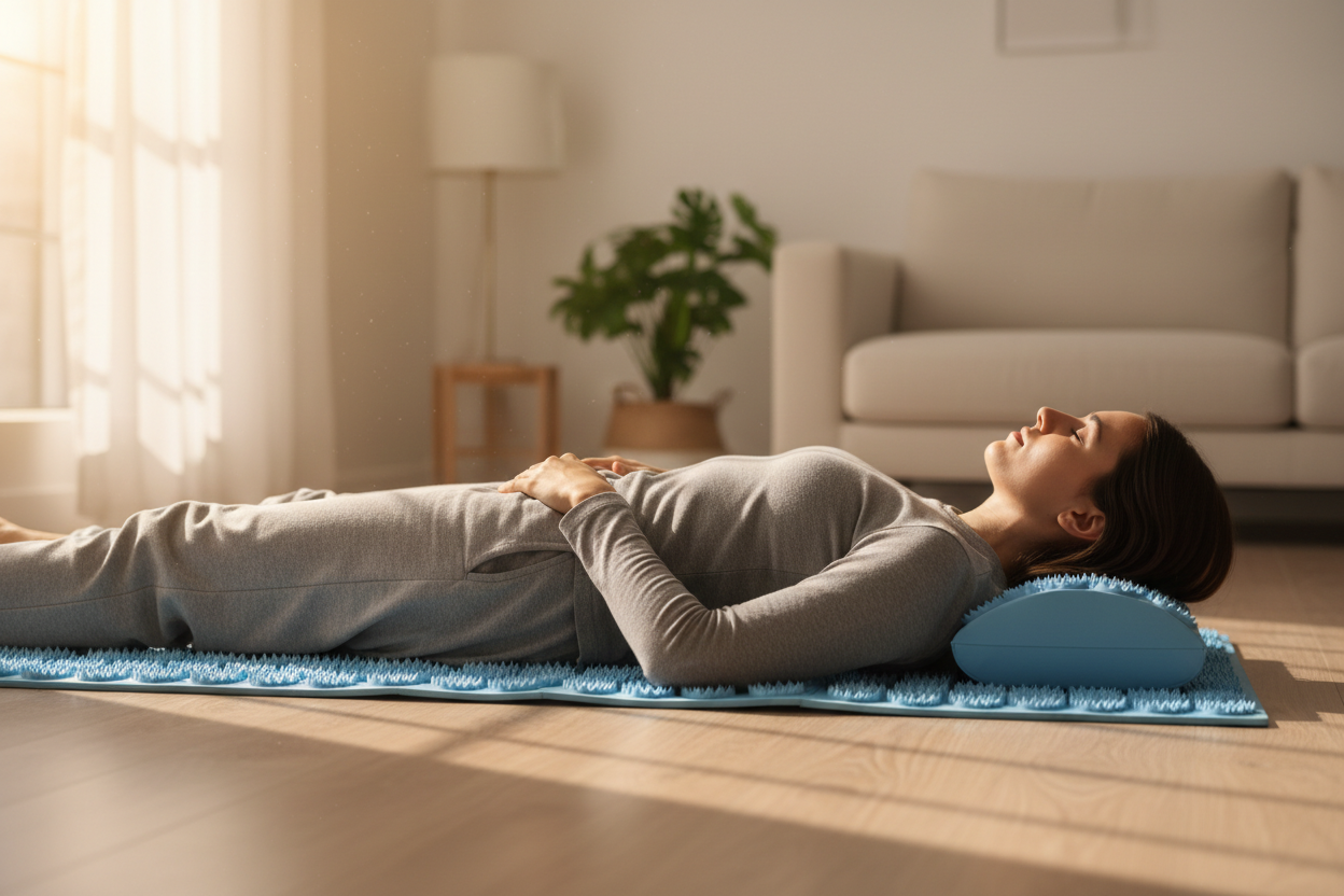 Person lying on acupressure mat at home, relaxed and recovering