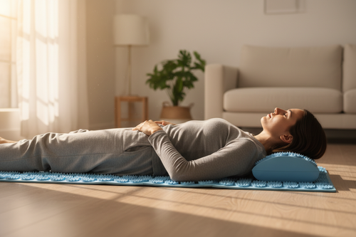 Person lying on acupressure mat at home, relaxed and recovering