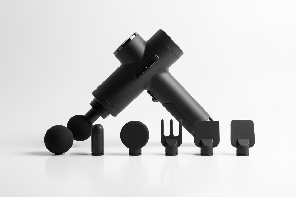 Percussion massage gun with attachment heads on white surface