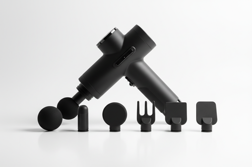 Percussion massage gun with attachment heads on white surface
