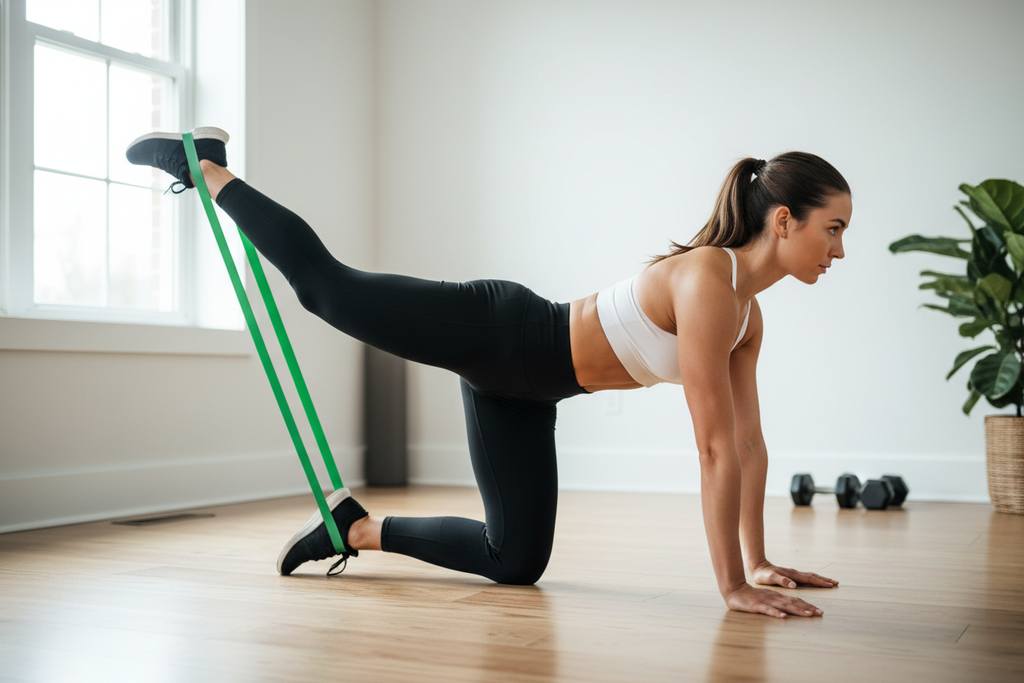 Person doing glute kickback with resistance band in home gym